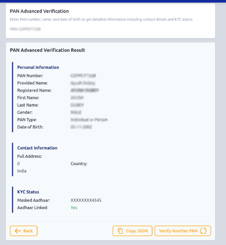PAN Advanced Verification results screen