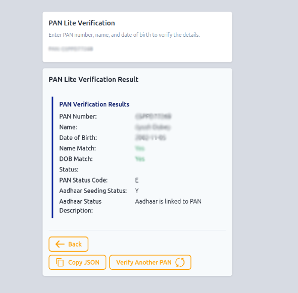 PAN Lite Verification results screen